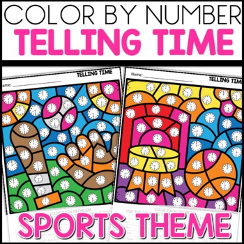 Telling time worksheets color by number sports themed