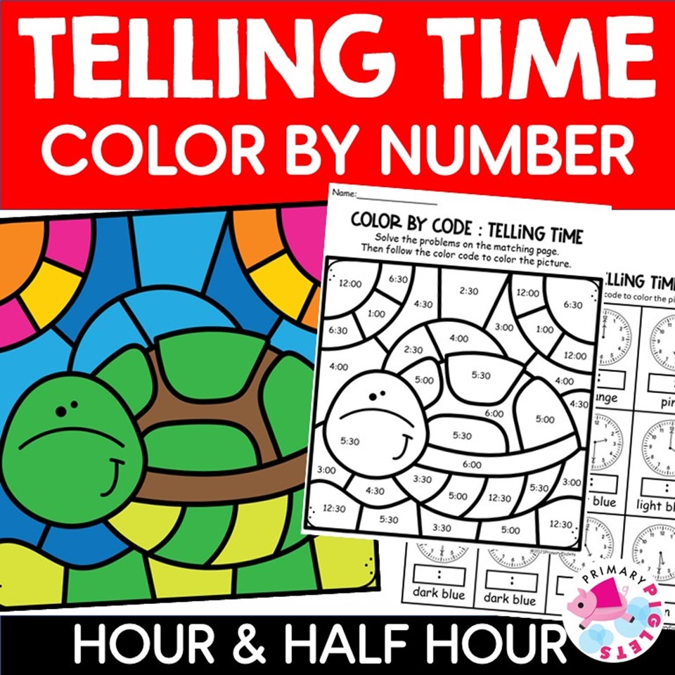 Telling time to the hour and half hour color by number