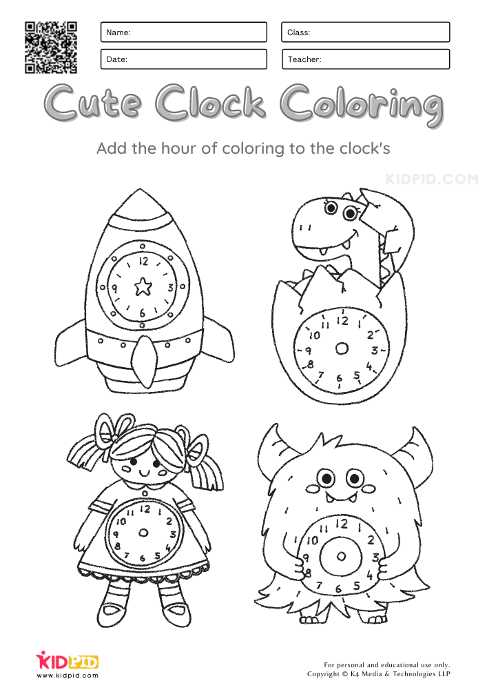 Cute clock coloring activity worksheets for kids