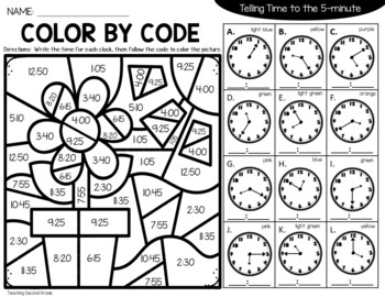 Telling time to the quarter hour minutes color code spring coloring sheets