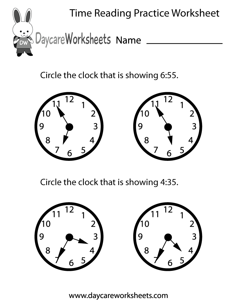 Free preschool time reading practice worksheet