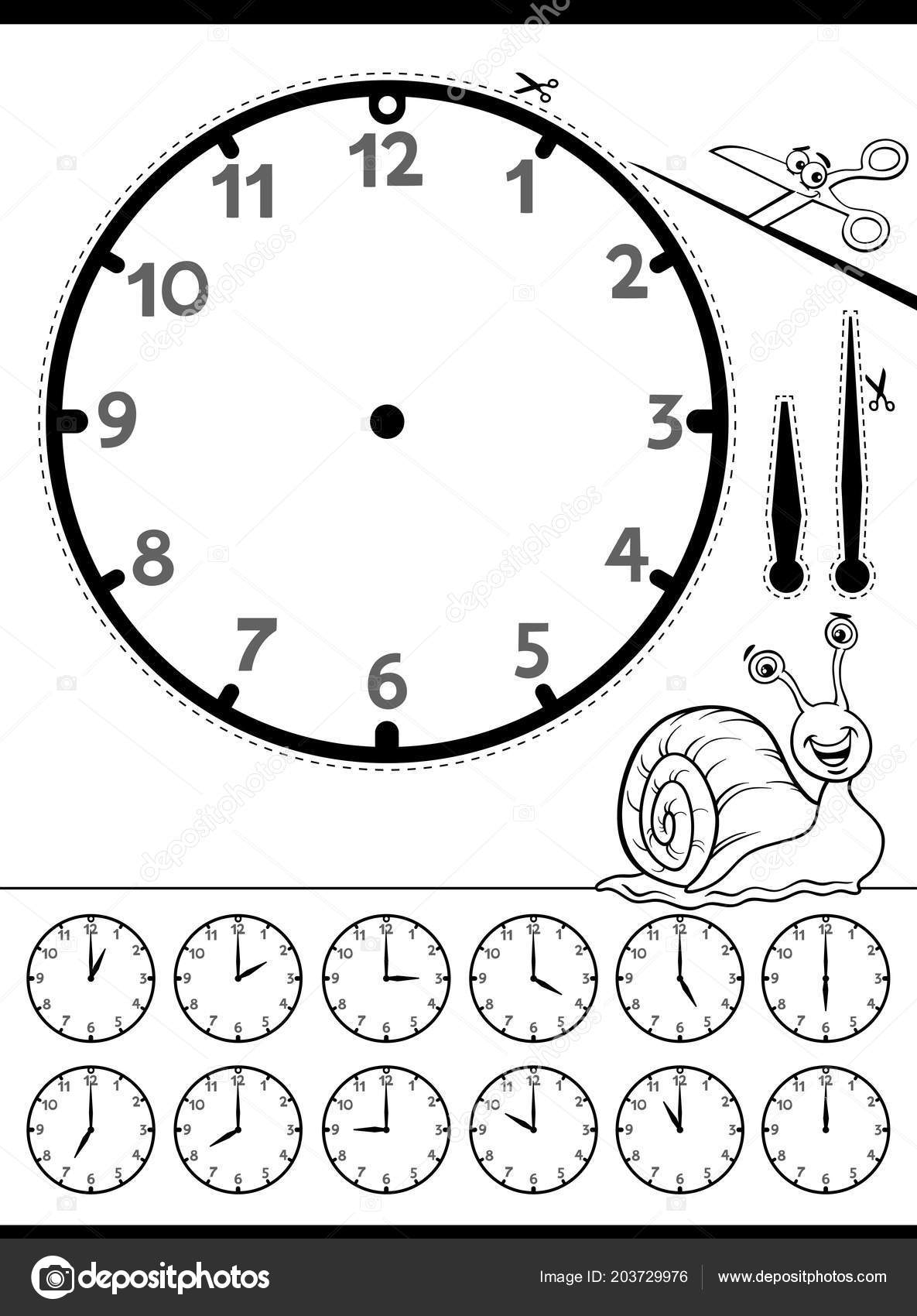 Black white cartoon illustrations clock face telling time educational worksheet stock vector by izakowski