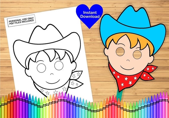 Cowboy mask coloring page printable classroom activity birthday party favor kids craft colouring sheet instant download