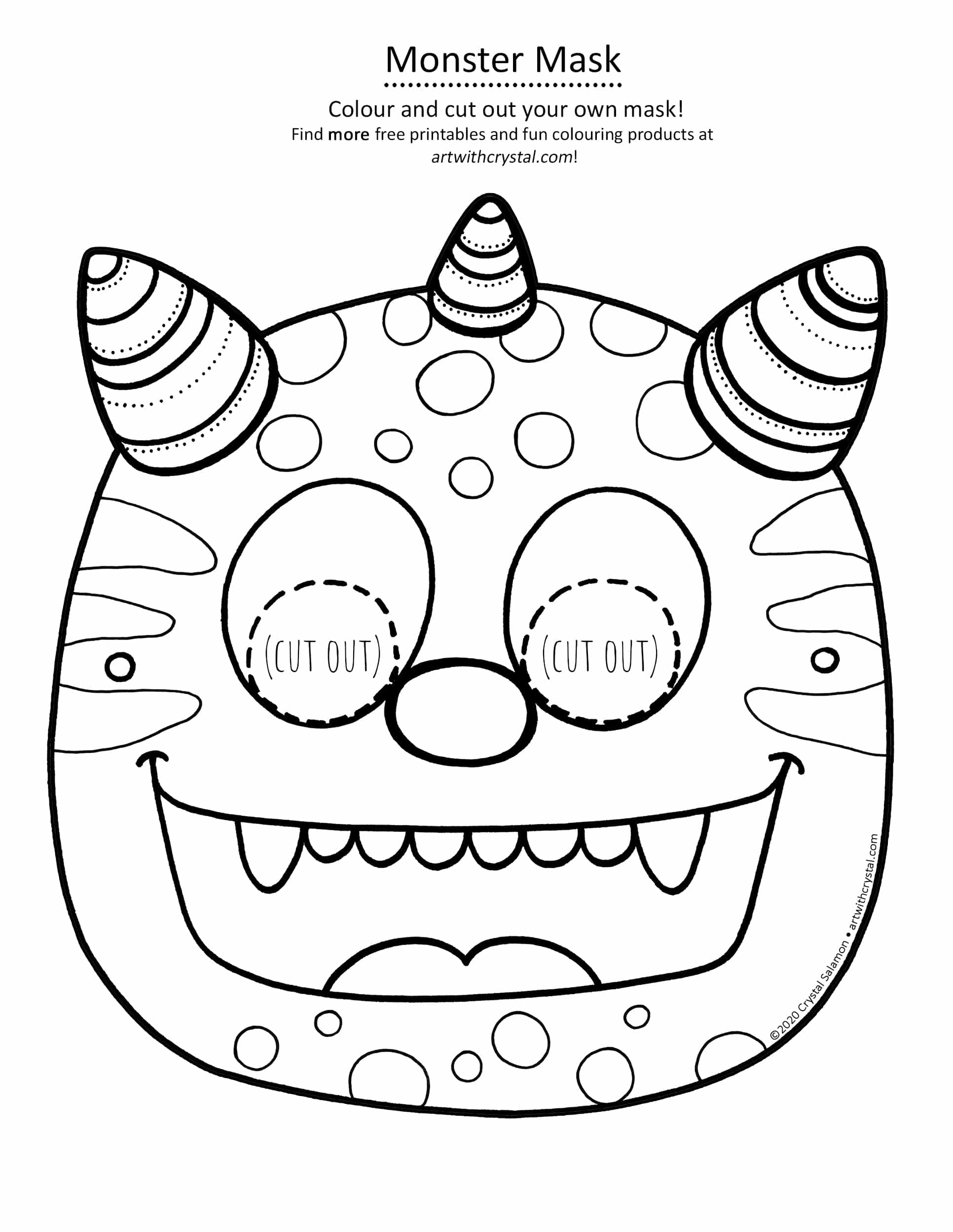 Monster mask free printable colouring page art with crystal