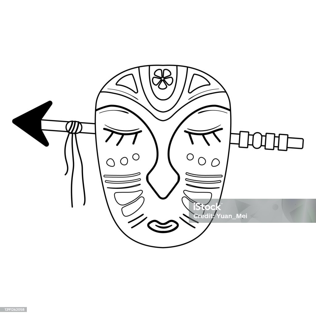 Wooden african mask with an arrow piercing the head coloring page cartoon vector illustration stock illustration