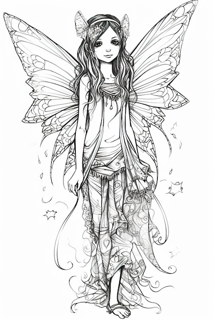 Premium photo a girl with a butterfly wings and a dress ai generative image coloring book pattern