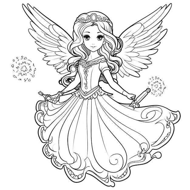 Premium ai image a coloring page of a fairy with wings and a tiable generative ai