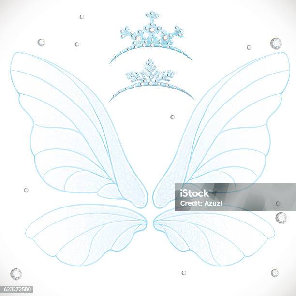 Blue fairy wings with dotted outline for cutting set stock illustration