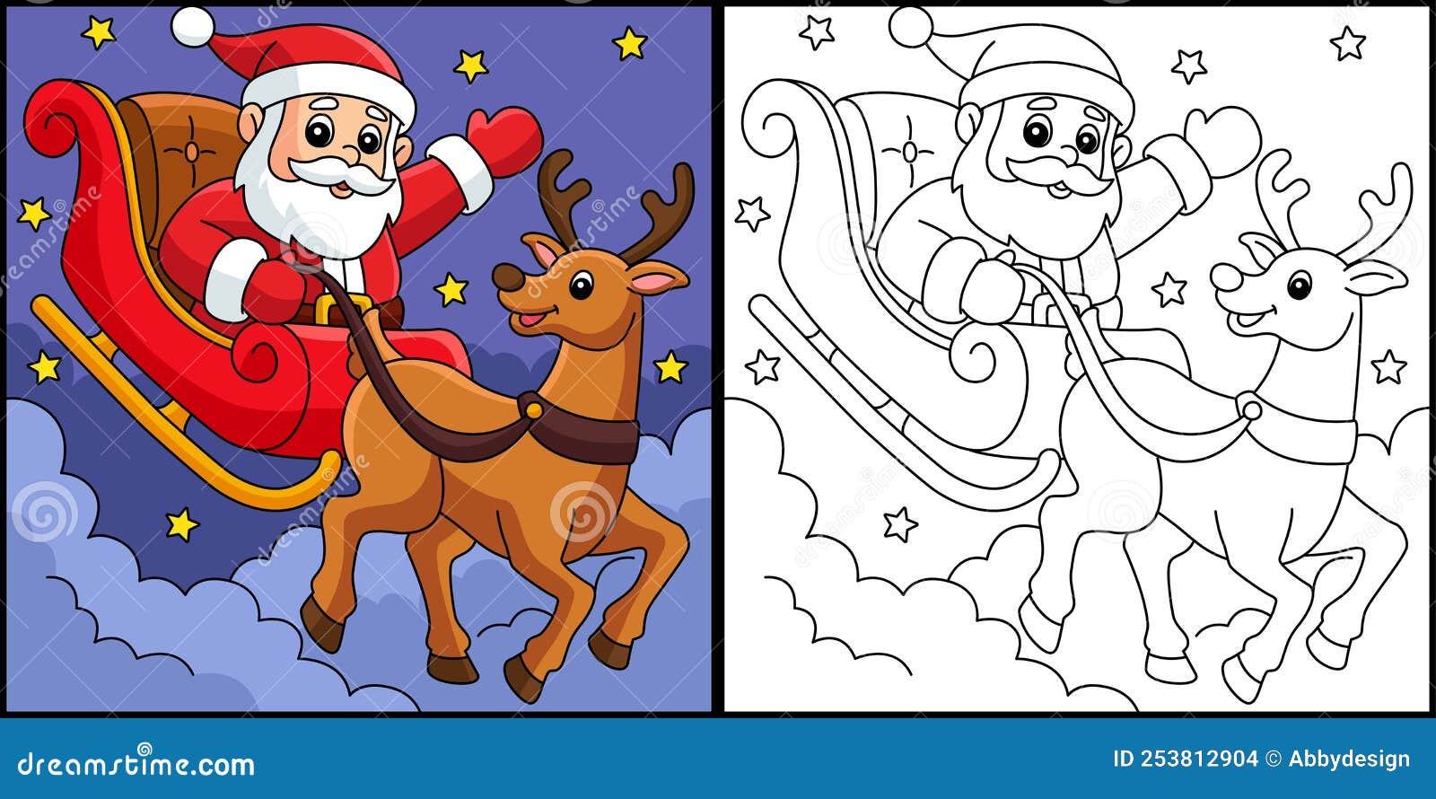 Christmas santa sleigh and reindeer coloring page stock vector