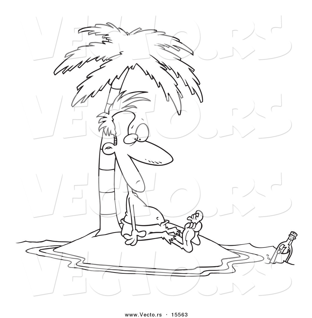 R of a cartoon stranded man staring at a message in a bottle