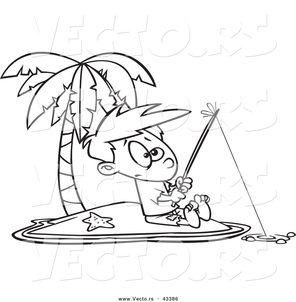 R of a cartoon boy fishing by himself on an island