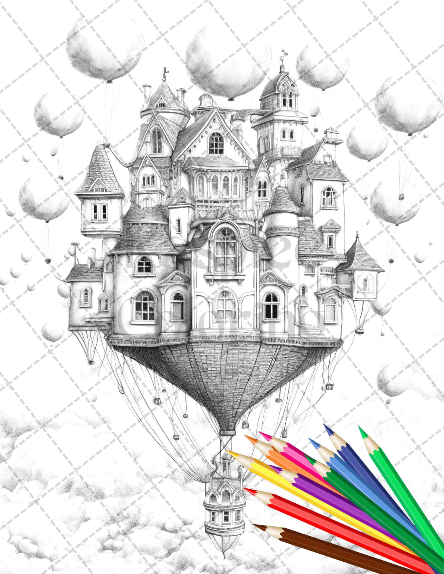 Fantasy sky houses grayscale coloring pages printable for adults p â coloring