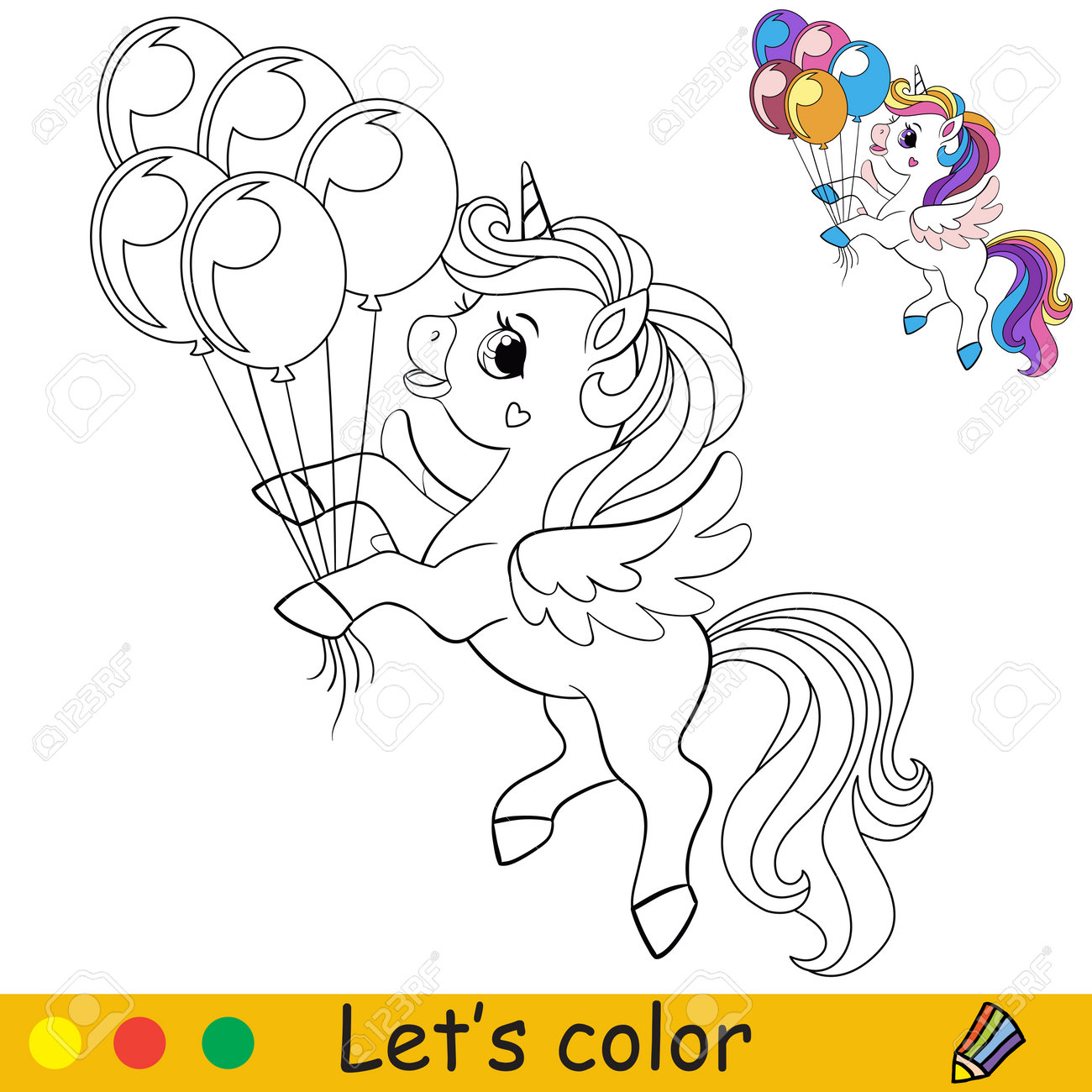 Cute funny unicorn with a long mane and wings holds the balloons coloring book page with colorful template for kids vector illustration for coloring print game education party design decor royalty free
