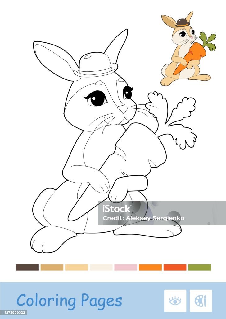 Colorful template and colorless contour image of cute bunny holding a carrot isolated on white background wild animals preschool kids coloring book illustrations and developmental activity stock illustration