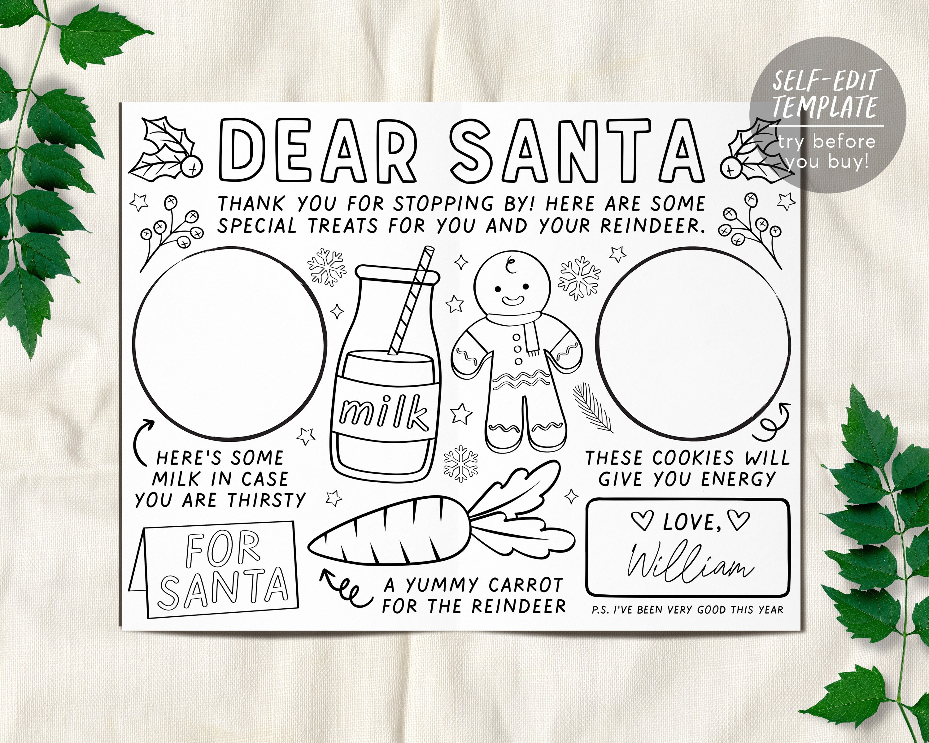 Santa cookie tray placemat editable template cookies and milk for santa coloring page sheet dear santa cookie tray carrot for reindeer