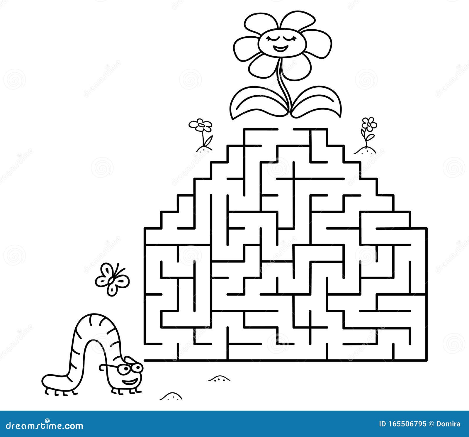 Black coloring pages with maze cartoon caterpillar and flower kids education game on white background outline vector stock illustration