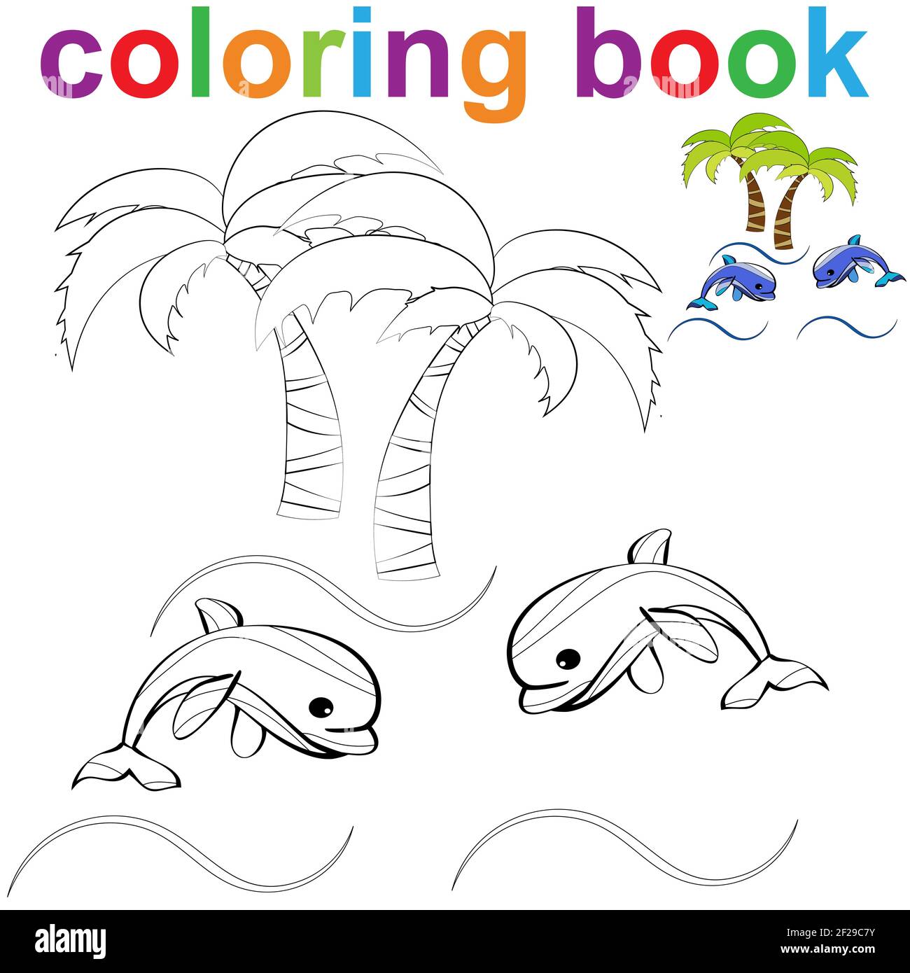 Coloring book page template with dolphins and palm for kids vector illustration eps stock vector image art