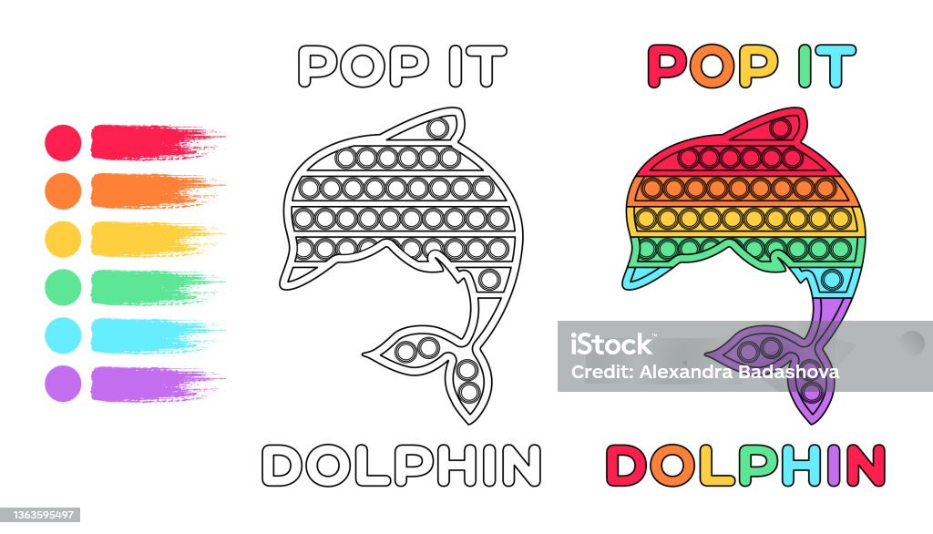 Coloring page pop it toy dolphin for children template before after print rainbow color black white color contour style trendy toy education with kids white background vector illustration stock illustration