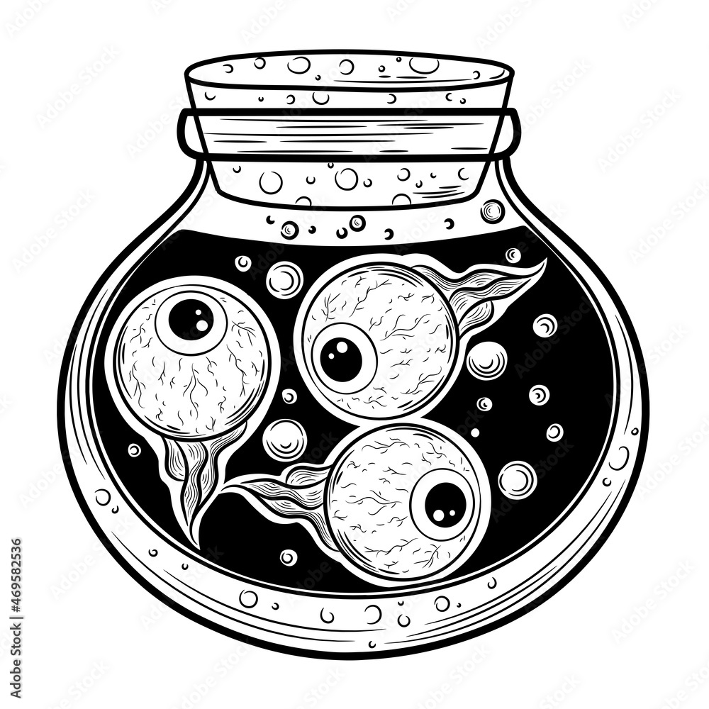 Potion bottle hand drawn magic bottle alchemy spirituality occultism tattoo art magic symbol coloring book page template isolated cartoon jar with potion and eyes halloween icon glass jar vector