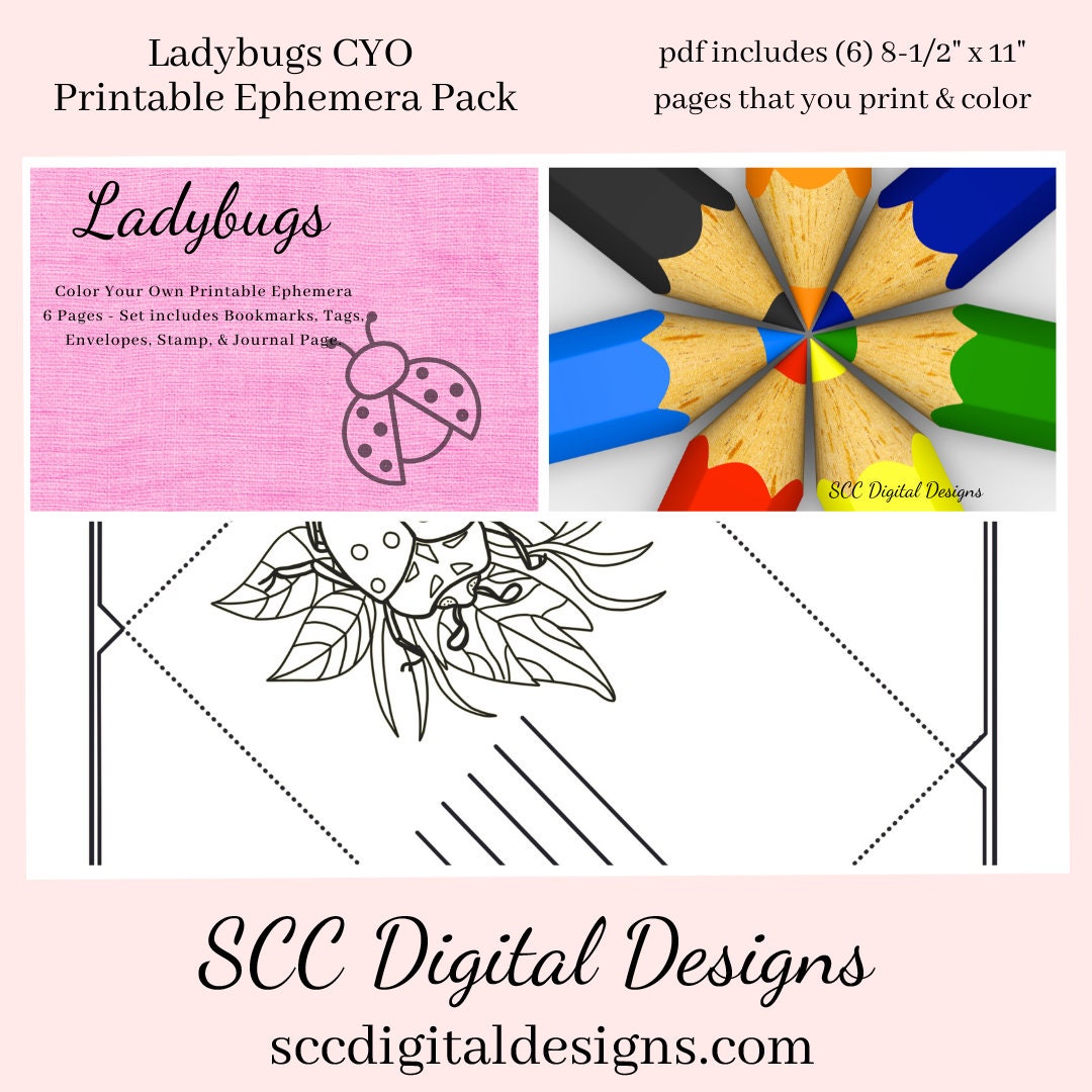 Ladybug coloring pages color your own art printable ephemera set ta â scc digital designs