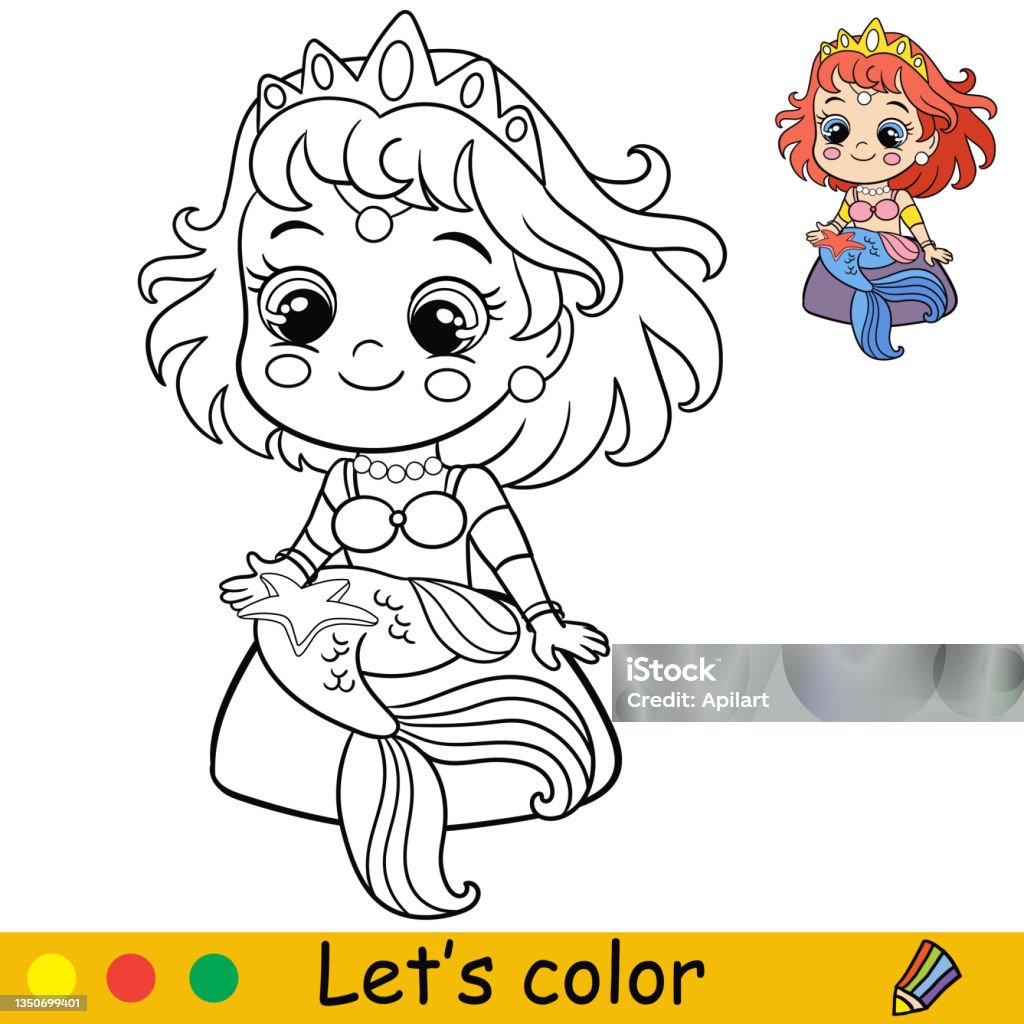 Vector cute mermaid looking on a starfish coloring stock illustration
