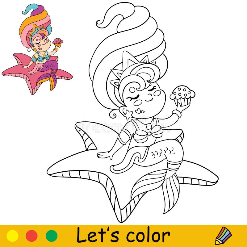 Vector cute kawaii mermaid sitting on a starfish coloring stock vector