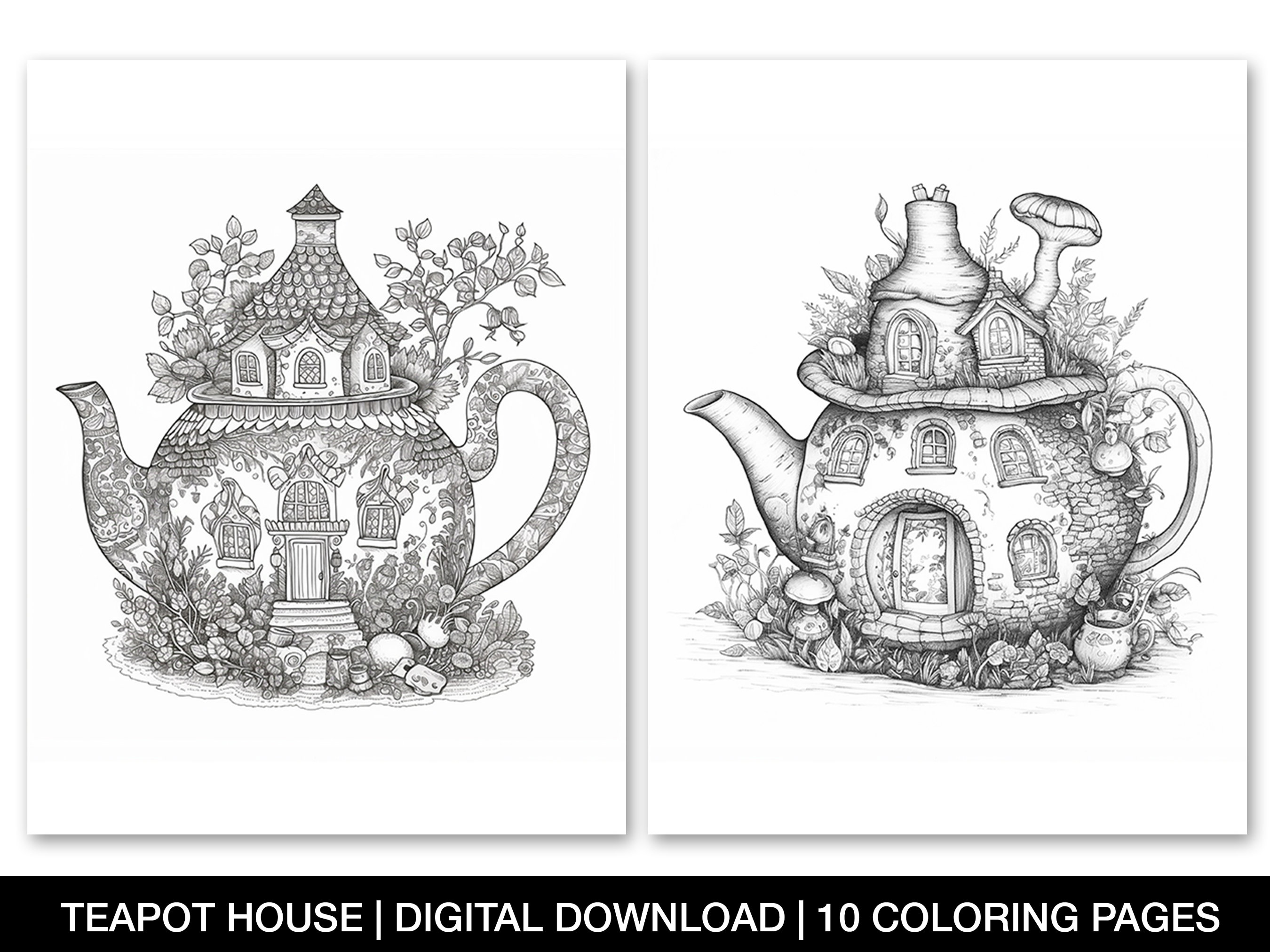 Enchanted fairy teapot house coloring pages for adults printable teapot house sheet grayscale coloring page fariy homes instant download download now