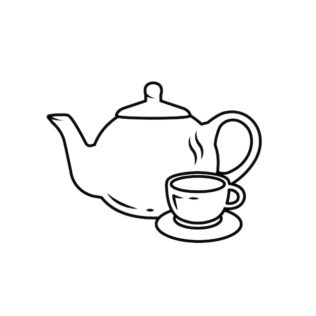 Premium vector hand drawing tea set teapot and cup black outline coloring page kettle with cup for breakfast t