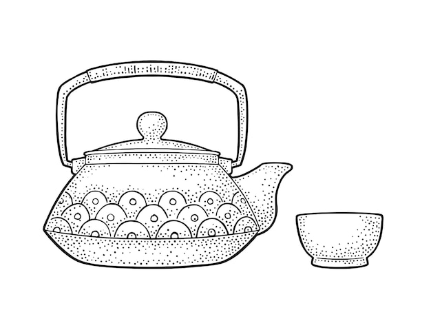Premium vector ceramic traditional asian teapot with pattern and cup vector black vintage engraving illustration isolated on white background hand drawn design element for label menu invitation tea ceremony