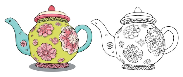 Premium vector hand drawn teapot vector decorated with flowers and line drawing to fill with colors
