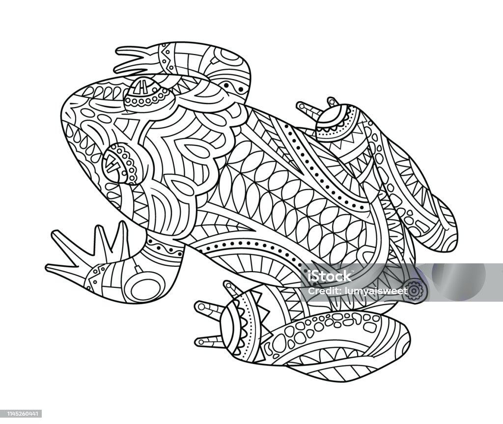 Hand drawn frog for coloring book for adult stock illustration