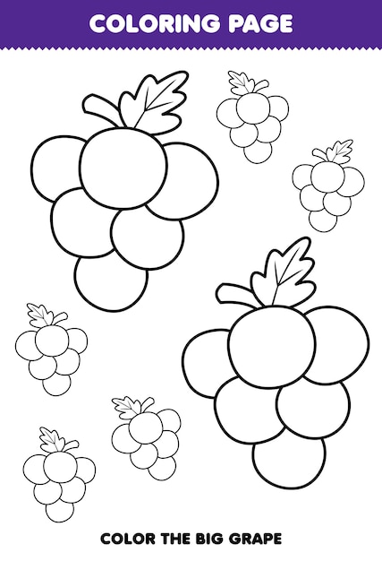 Premium vector education game for children coloring page big or small picture of cute cartoon grape fruit line art printable worksheet