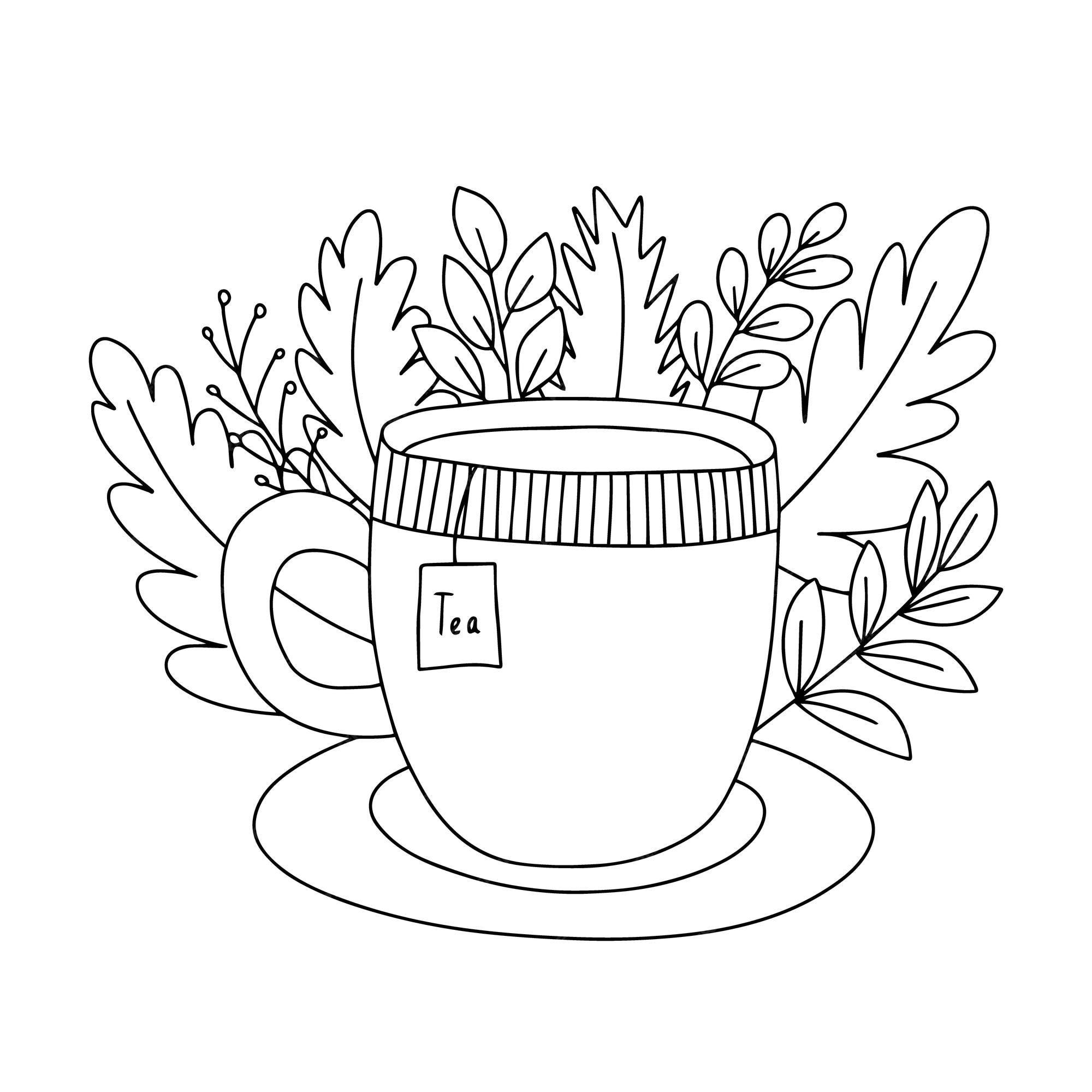 Premium vector hello autumn vector coloring page with cup of tea and autumn leaves cute coloring page for children and adults with cup of tea