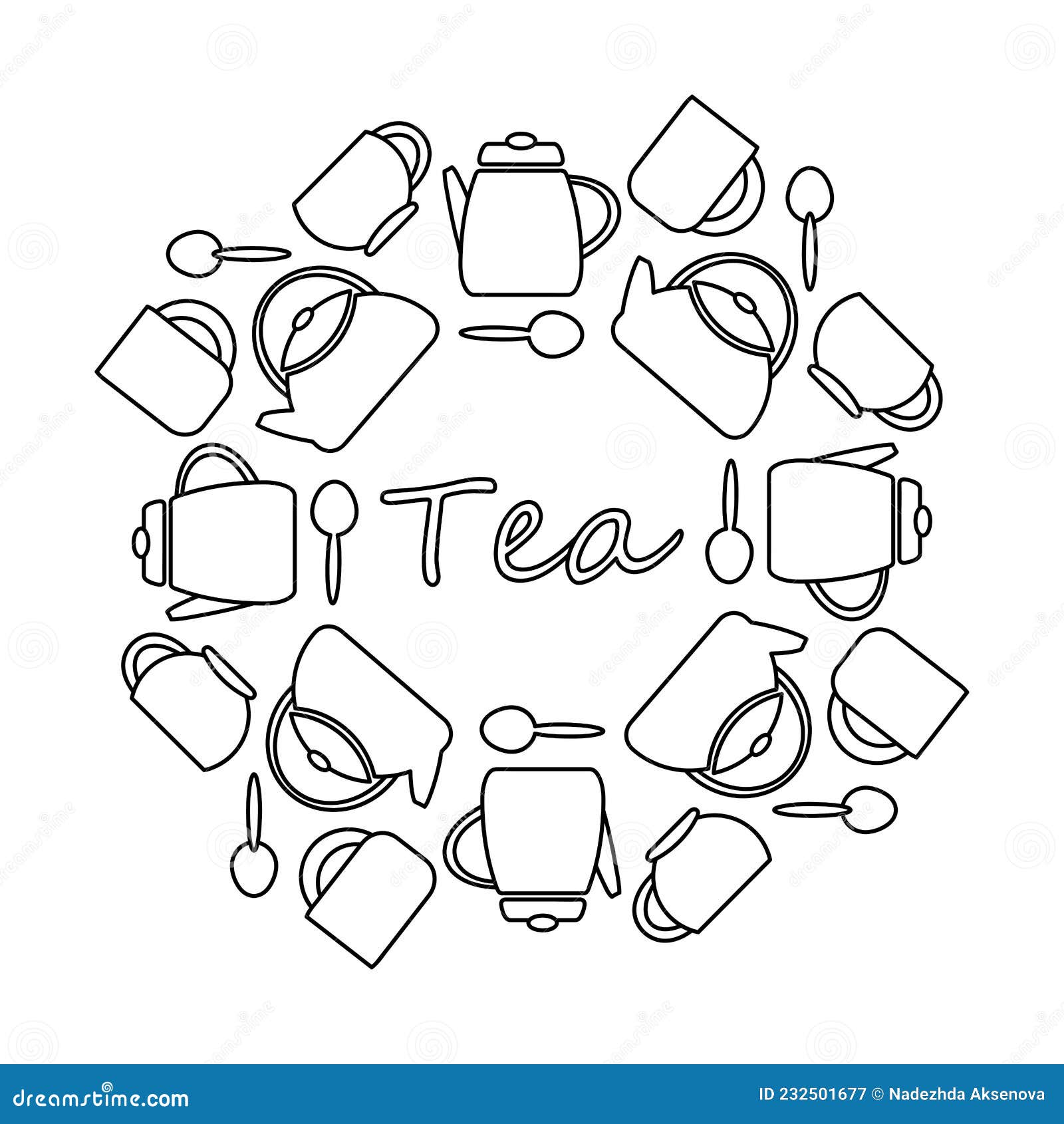 Coloring book frame cutlery kettle tea cups stock vector