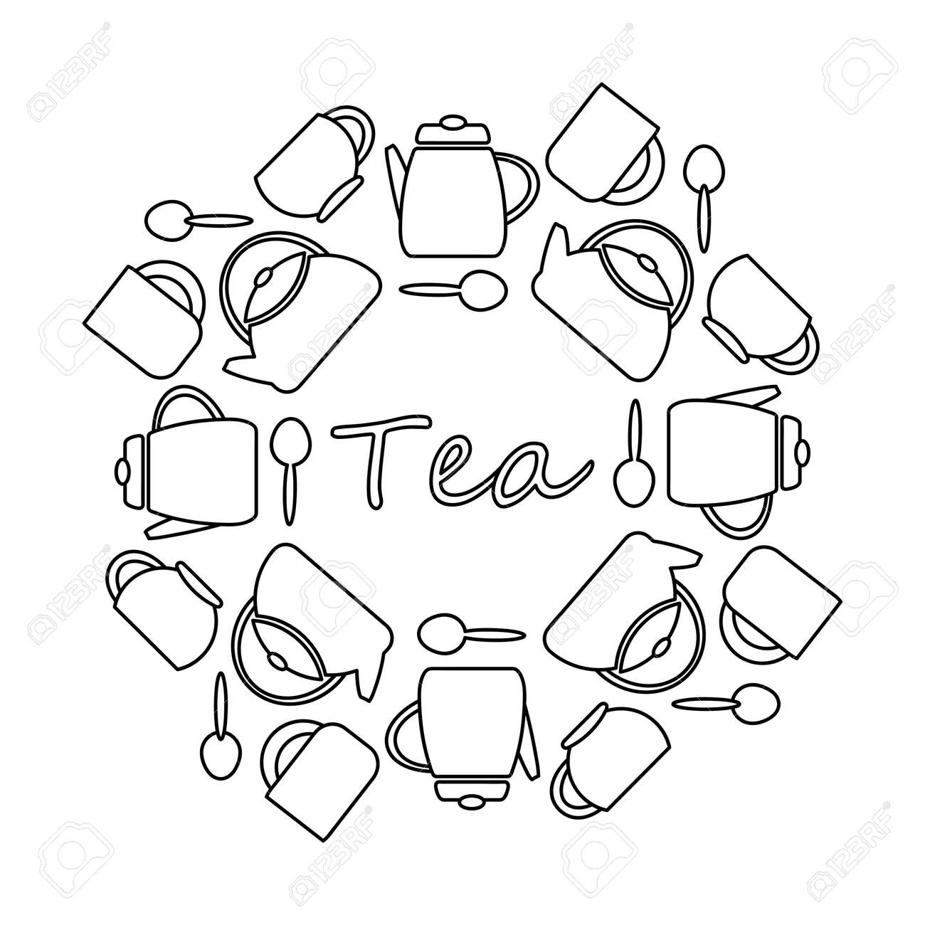 Coloring book frame cutlery kettle tea cups vector template for design tea lettering flat black and white style silhouette copy space for text royalty free svg cliparts vectors and stock illustration image