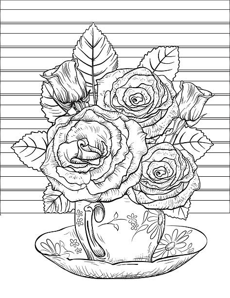 Flowers and tea adult coloring page stock illustrations royalty