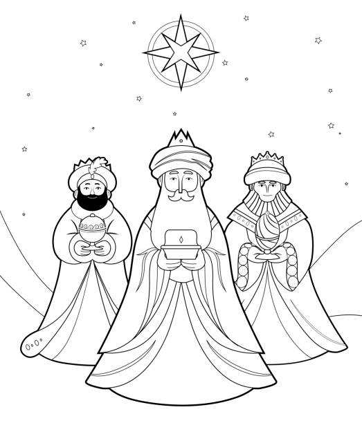 The three wise men under the star of bethlehem coloring page stock illustration