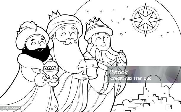 The three wise men under the star of bethlehem coloring page stock illustration
