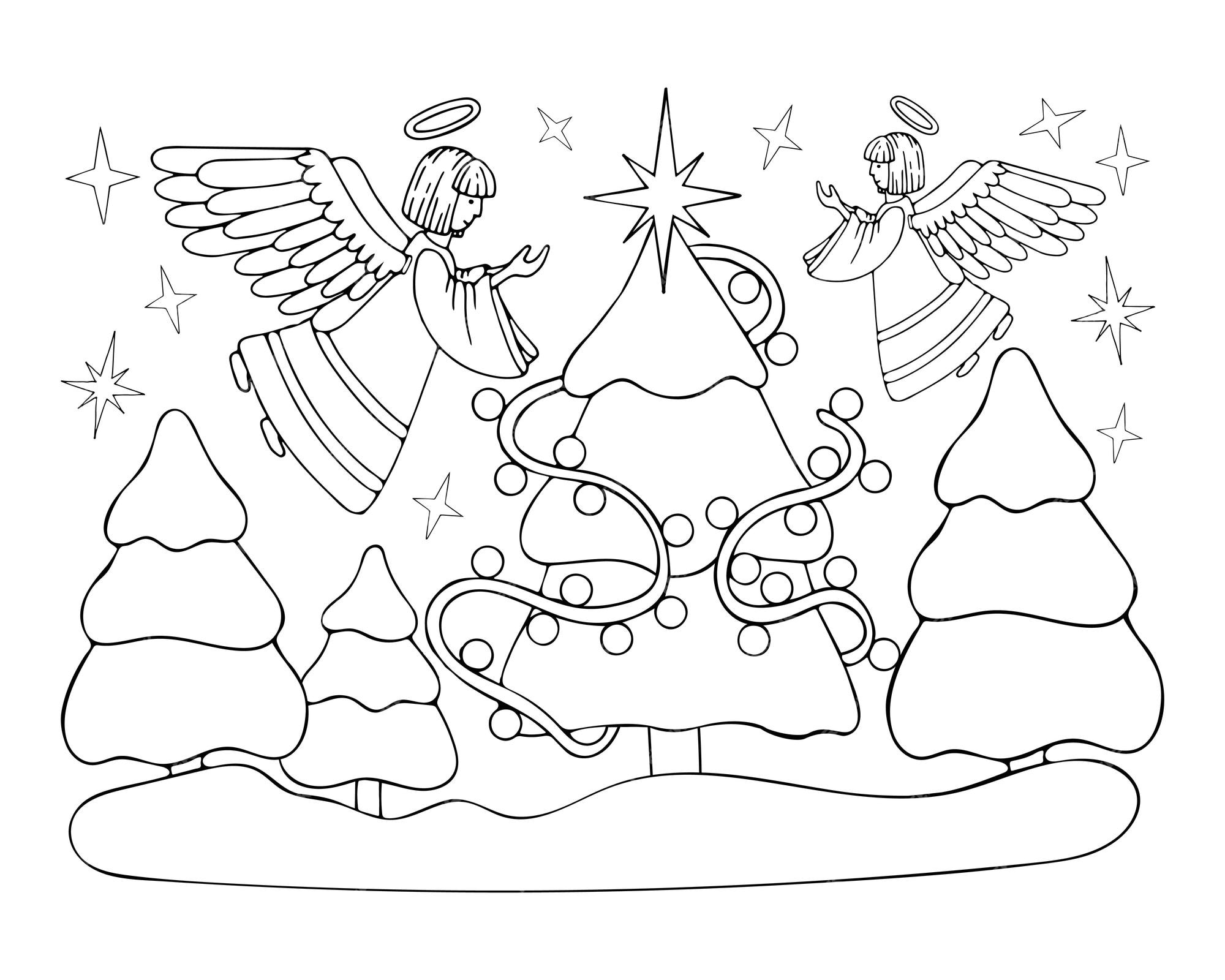Premium vector coloring book angel christmas fir line art star of bethlehem on spruce tree angels decorate garland hand drawn vector black and white illustration