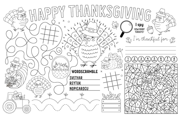Premium vector vector thanksgiving placemat for kids fall holiday printable activity mat with maze tic tac toe charts connect the dots find difference black and white autumn play mat or coloring