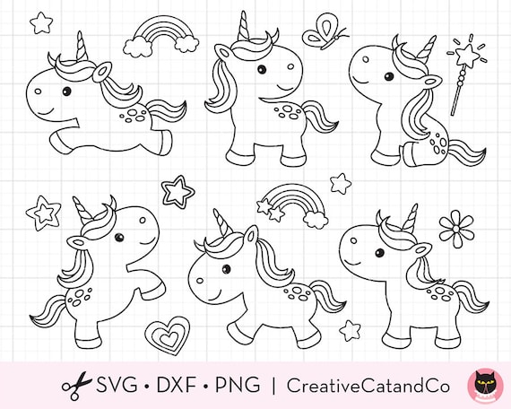 Unicorn coloring svg clip art baby unicorn outline line art for kid birthday party coloring activity digital stamp svg dxf png clipart instant download