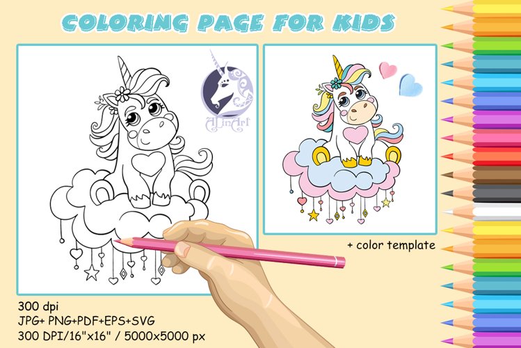 Cute baby unicorn on a cloud coloring page for kids