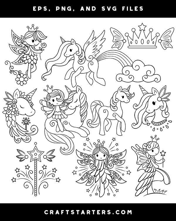 Fairy and unicorn digital stamps black and white clip art