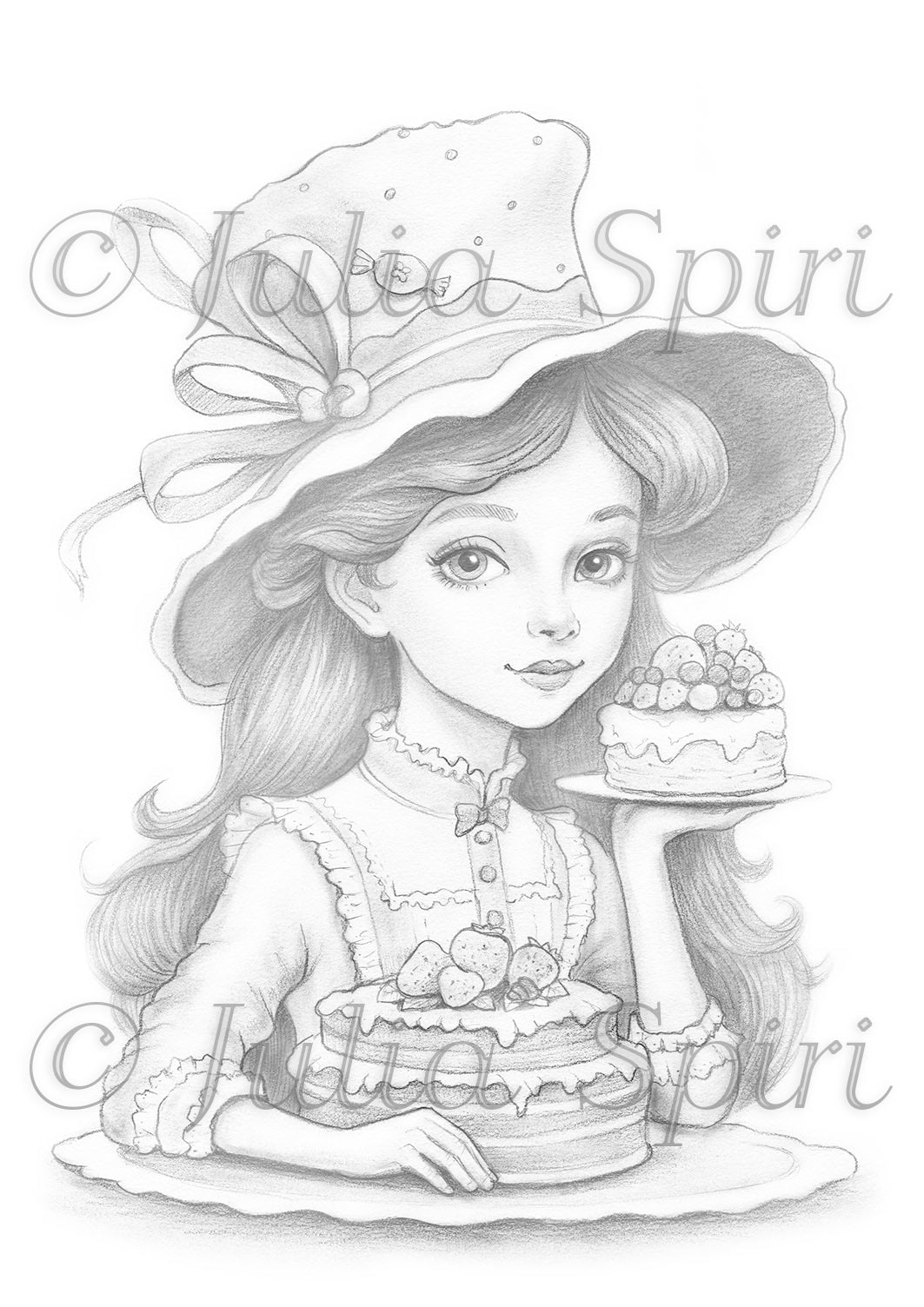 Grayscale coloring page whimsy girl with cakes sweet temptation â the art of julia spiri