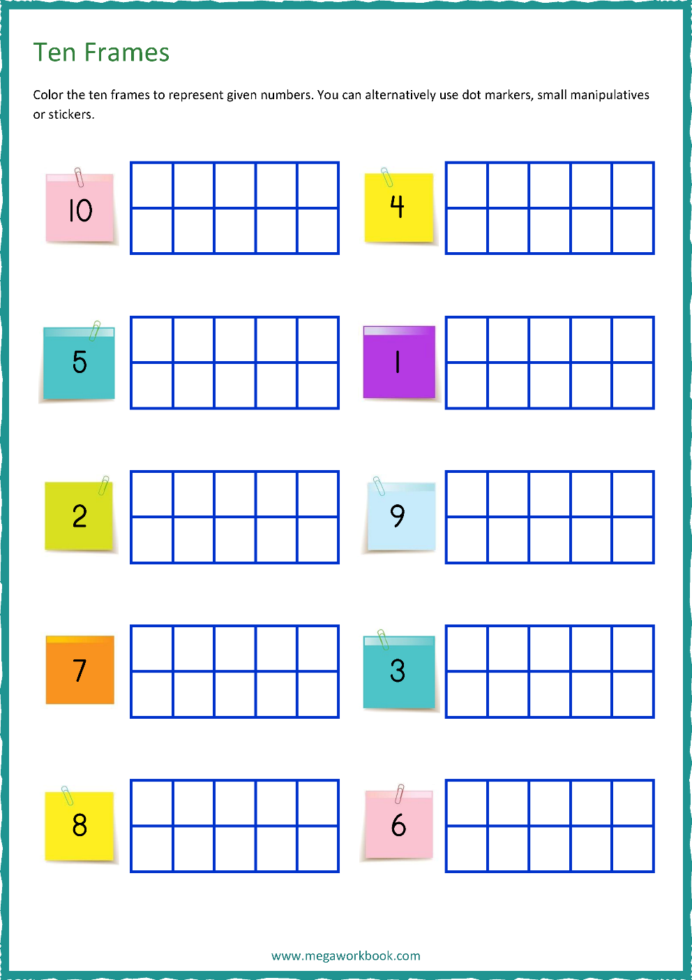 Math ten frames worksheet