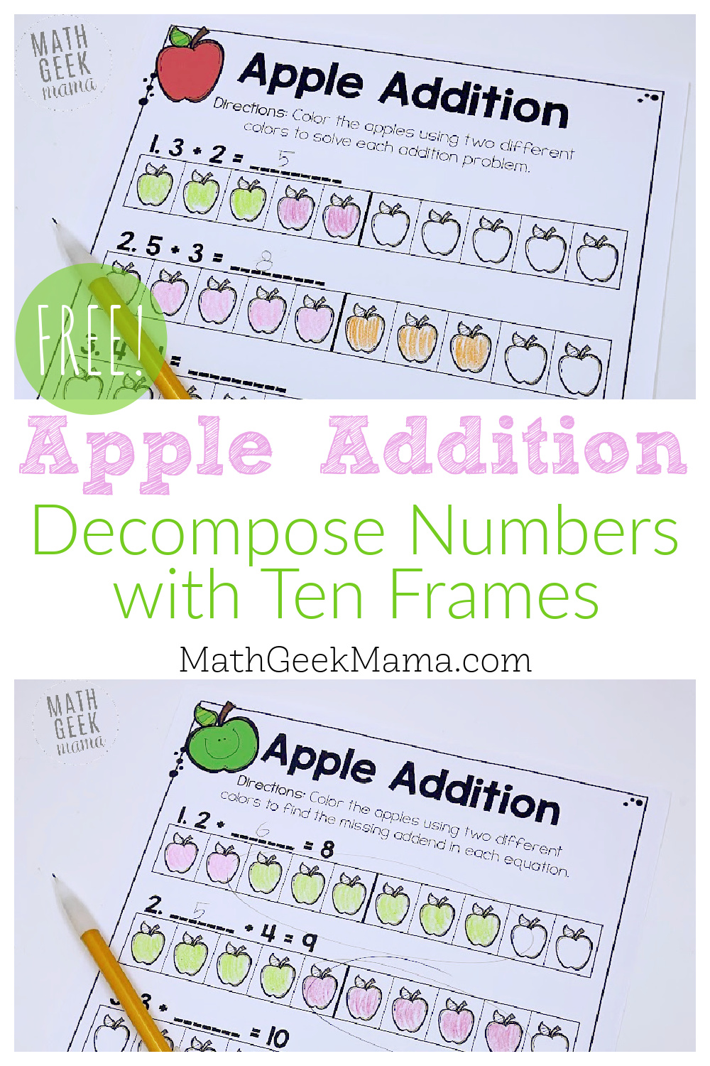 Apple addition with ten frames â depose numbers free
