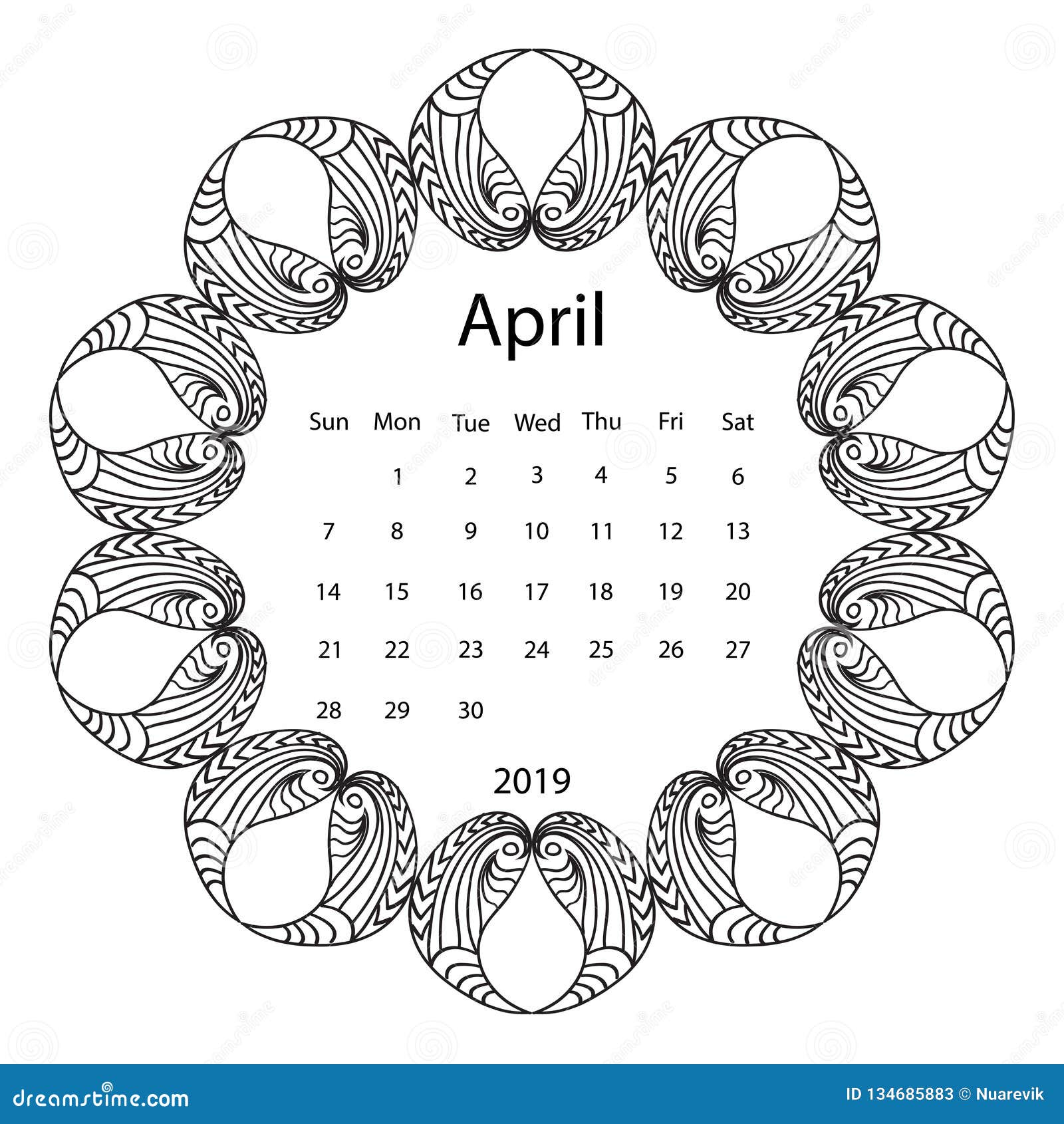 Adult coloring page with monthly calendar of year isolated on white background drawing doodles frame stock illustration