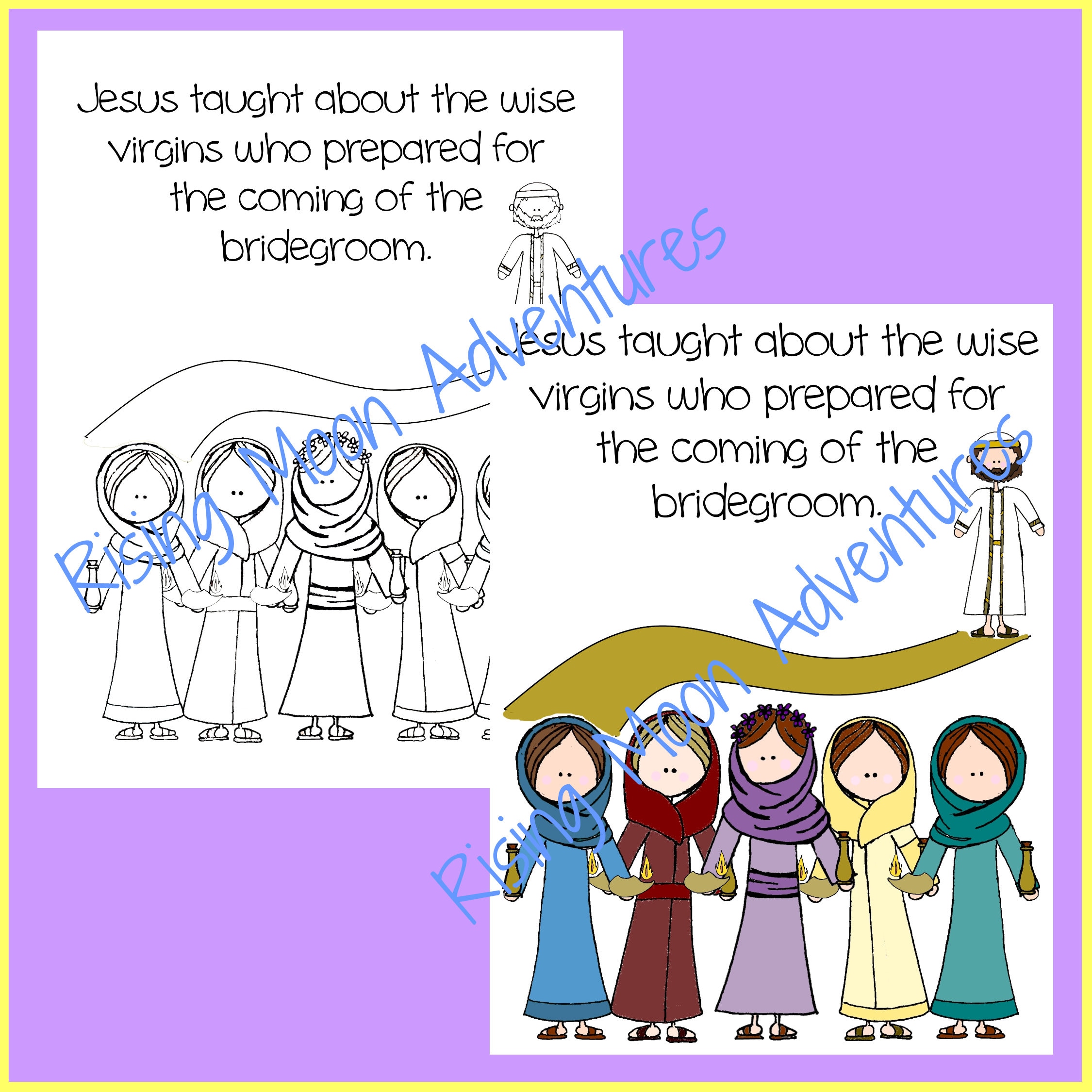 Wise virgins coloring page and colored display page download instant download