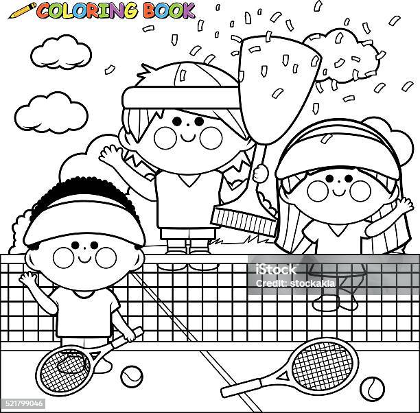 Champion kids tennis players coloring book page stock illustration