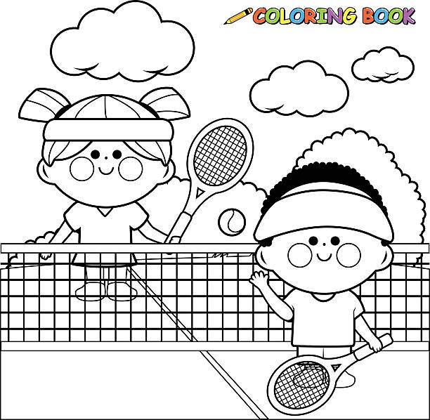 Kids playing tennis at tennis court coloring book page stock illustration